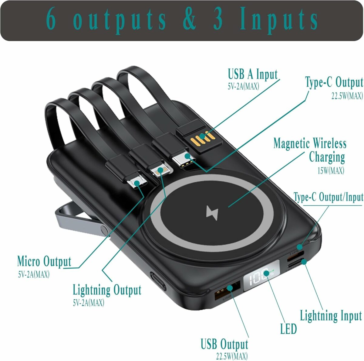 ZANITHA Wireless Power Bank 10000mAh with Built-in Cables