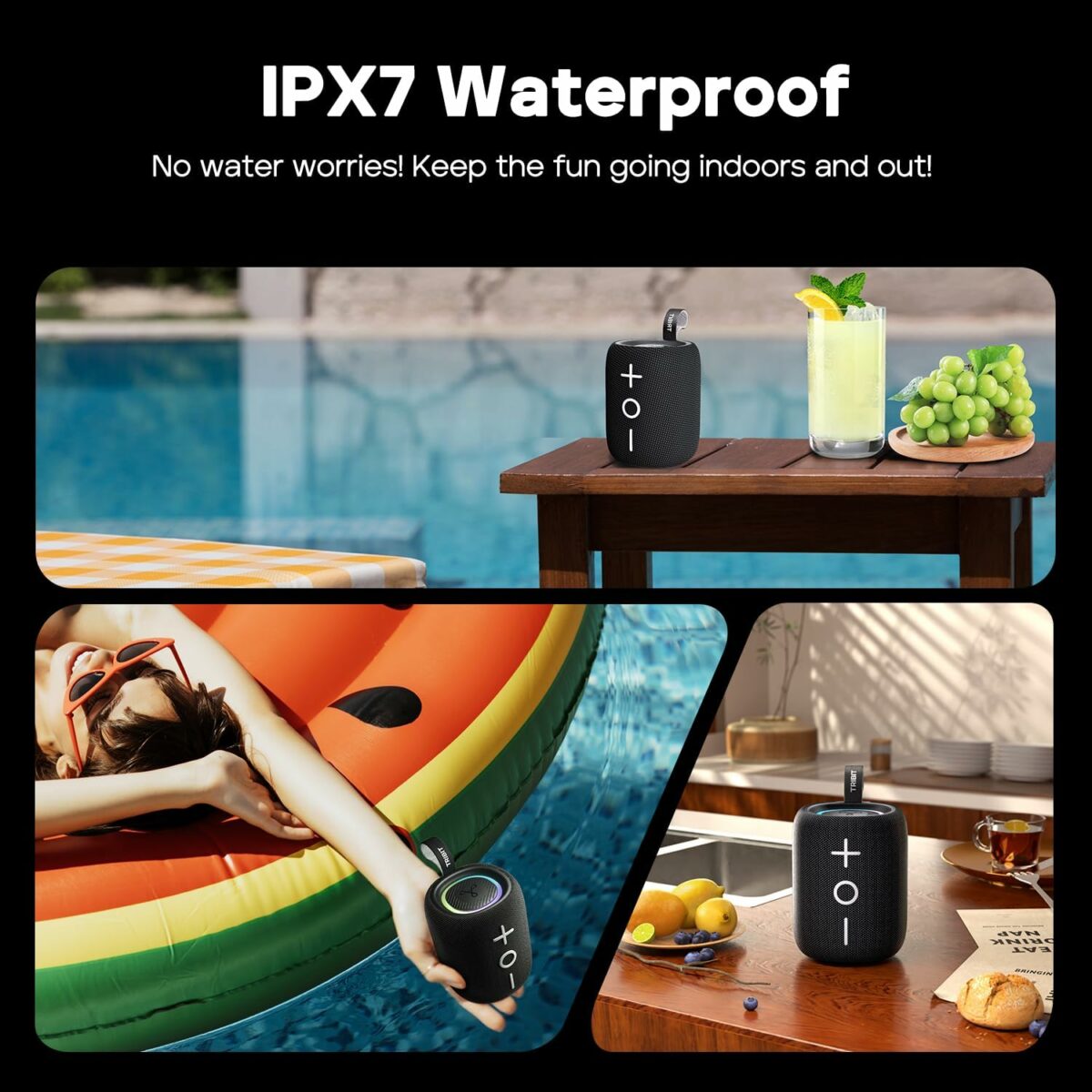 Tribit StormBox Mini 12W 5.4 Bluetooth Wireless Speaker,360°Surround Sound,Built-In XBass,LED Lights,12H Playtime,IPX7 Waterproof,TWS Pairing,Type-C,Portable for Home/Outdoor/Travel Black