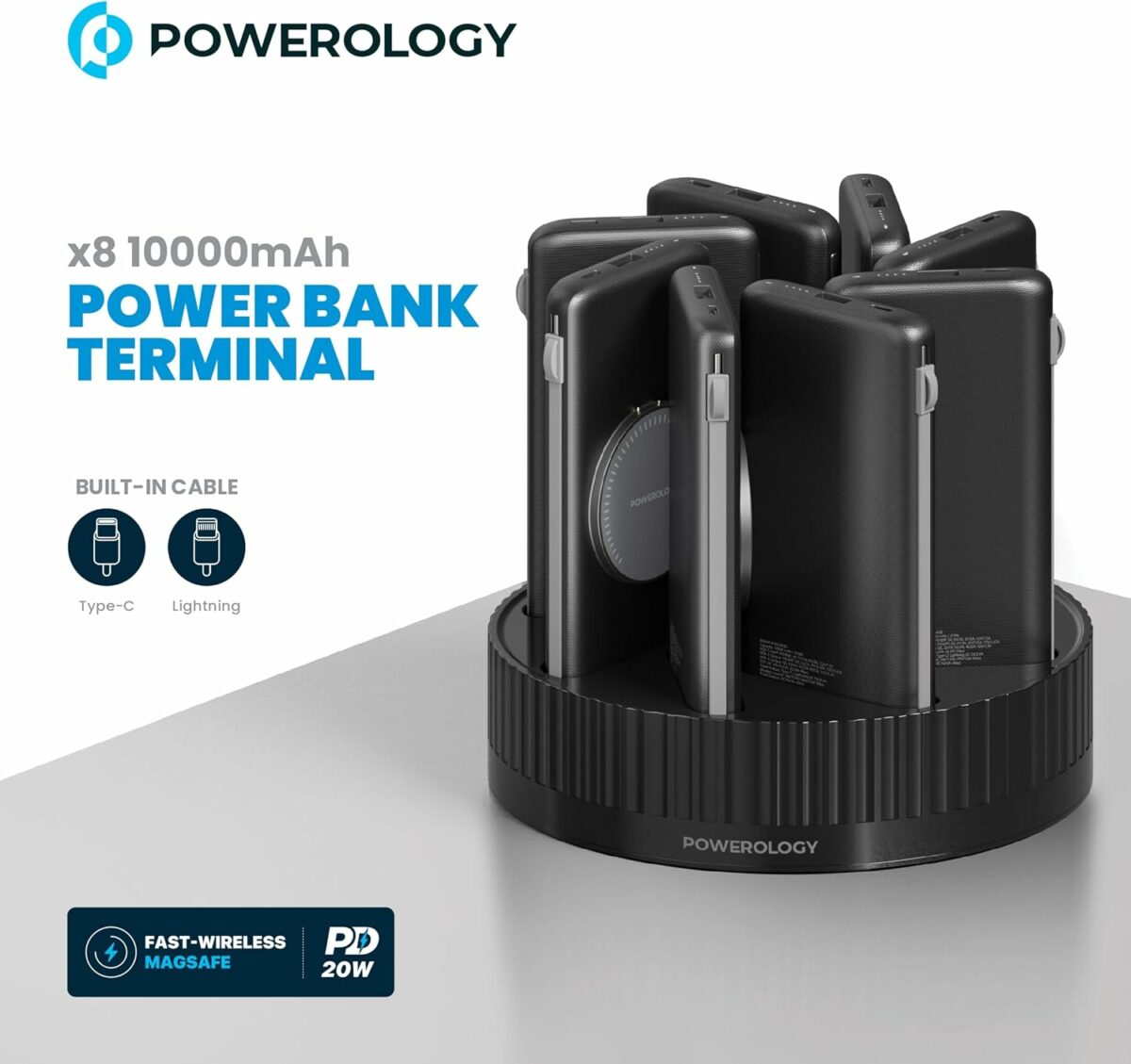 Powerology 8in1 Station 10000mAh PD 120W QC Wireless Power Bank (Black)