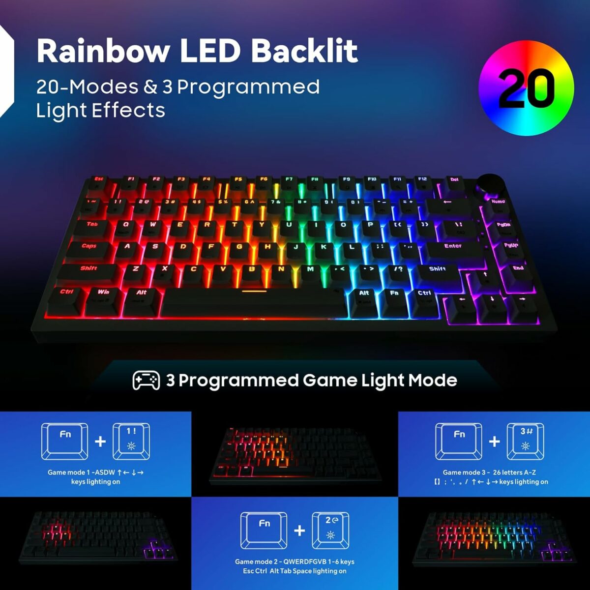 Baytion Mechanical Gaming Keyboard, 82 Keys 75% Compact Gaming Keyboard with Rainbow LED Backlit Wired Anti-Ghosting Mechanical Keyboard with Knob for Windows and Mac, White(Red Switches）