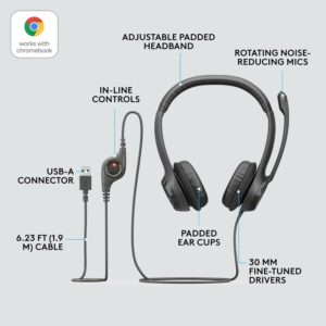 Logitech H390 Wired Headset for PC/Laptop, Stereo Headphones with Noise Cancelling Microphone, USB-A, In-Line Controls, Works with Chromebook - Black