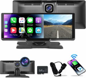 podofo Portable Wireless Apple Carplay Car Stereo, 9.3 HD IPS Touchscreen Car Radio Support Bluetooth/Maps Navigation/Wireless Android Auto/AUX/TF,Built in Front View Camera,Loop Recording