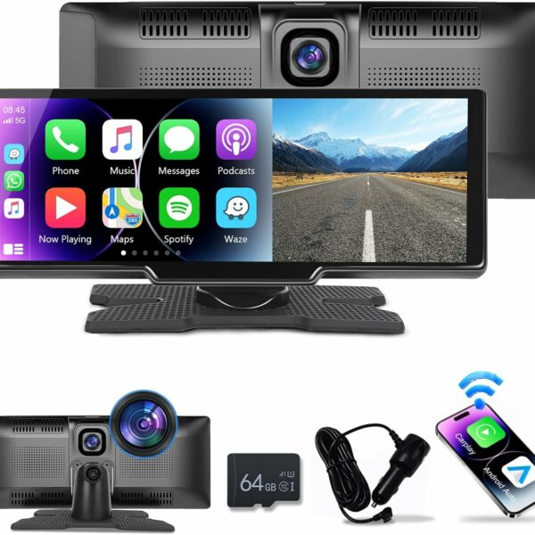 podofo Portable Wireless Apple Carplay Car Stereo, 9.3 HD IPS Touchscreen Car Radio Support Bluetooth/Maps Navigation/Wireless Android Auto/AUX/TF,Built in Front View Camera,Loop Recording