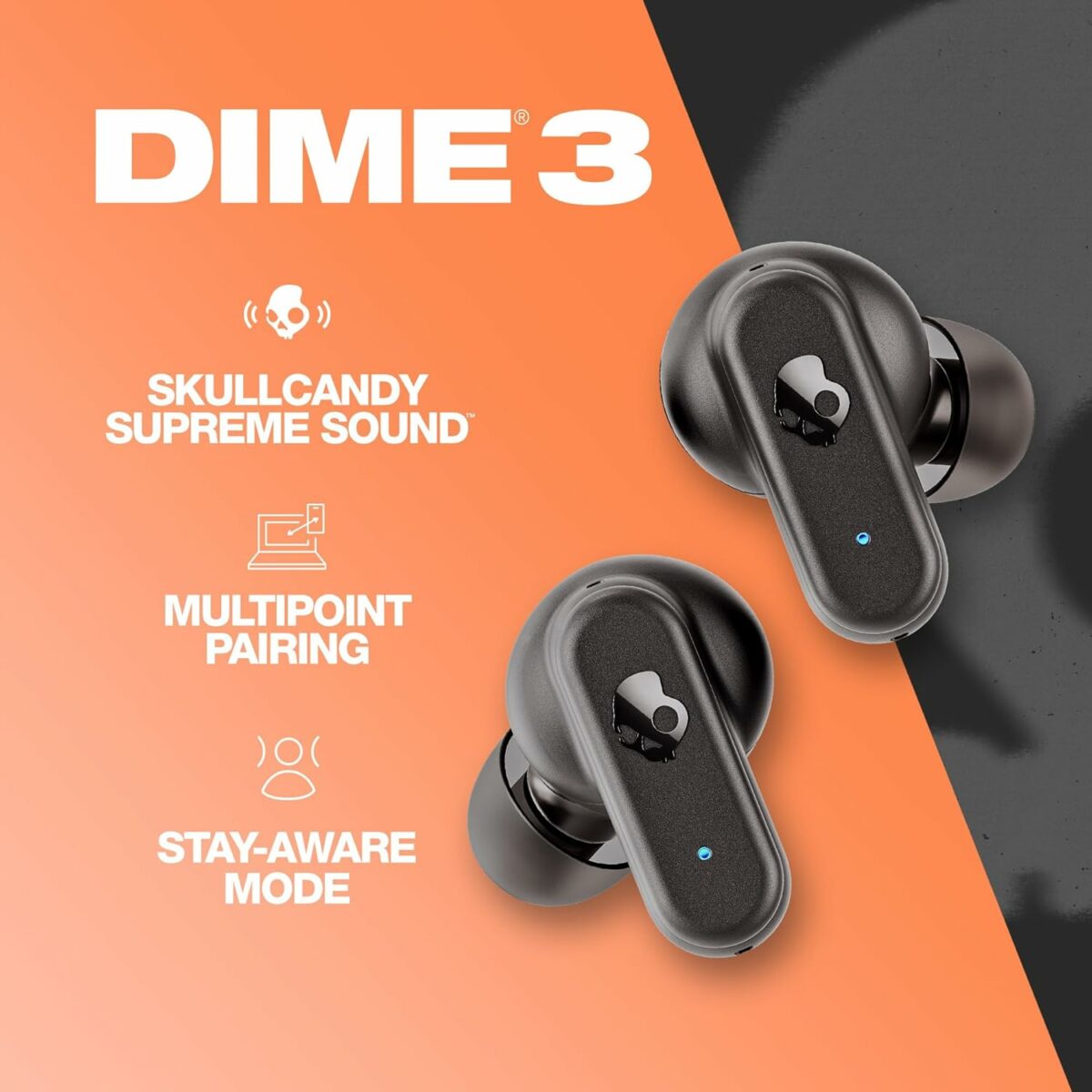 Skullcandy Dime 3 In-Ear Wireless Earbuds, 20Hr Battery, Microphone, Works with iPhone Android and Bluetooth Devices - Black