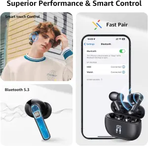 YELKUTT Earbuds Headphones Wireless, Earphones with HiFi Stereo Deep Bass, Bluetooth 5.3 Earphones with 6 ENC Noise Cancelling Mic, 50H Playtime, Dual LED Display, IPX8 WaterproofYELKUTT Earbuds Headphones Wireless, Earphones with HiFi Stereo Deep Bass, Bluetooth 5.3 Earphones with 6 ENC Noise Cancelling Mic, 50H Playtime, Dual LED Display, IPX8 Waterproof 5 YELKUTT Earbuds Headphones Wireless, Earphones with HiFi