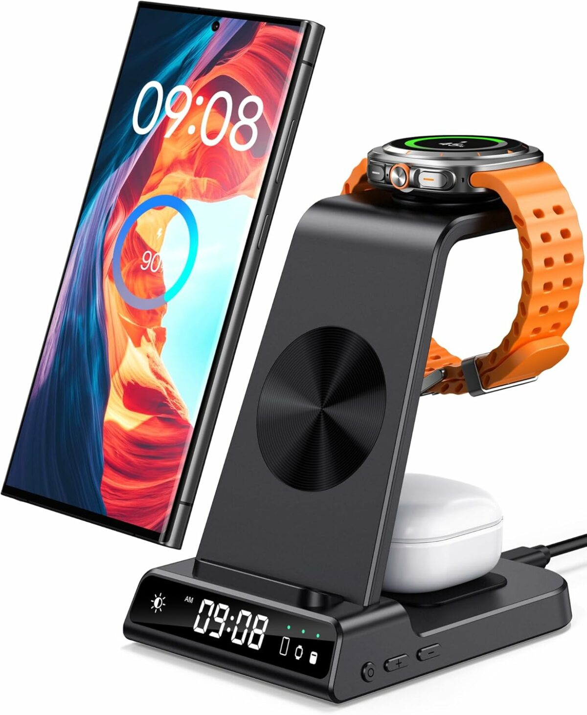 Wireless Charger for Samsung, 3 in 1 Wireless Charging Station with Clock for Samsung Galaxy S22/S21/Z Flip/4 Fold 4, Samsung Watch Charger for Galaxy Watch 5 Pro/5 4/3/Active 2/1, Galaxy Buds 2 Pro