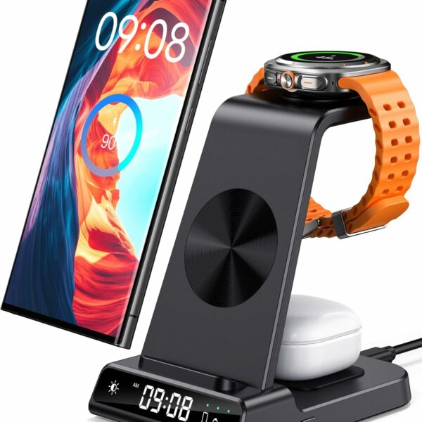 Wireless Charger for Samsung, 3 in 1 Wireless Charging Station with Clock for Samsung Galaxy S22/S21/Z Flip/4 Fold 4, Samsung Watch Charger for Galaxy Watch 5 Pro/5 4/3/Active 2/1, Galaxy Buds 2 Pro