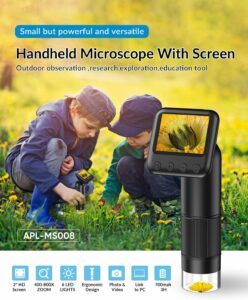 KASTWAVE Handheld Digital Microscope with 2” LCD Screen, 800X Pocket Portable Microscope for Kids with Adjustable Lights Coins Electronic Magnifier Camera, USB to PC