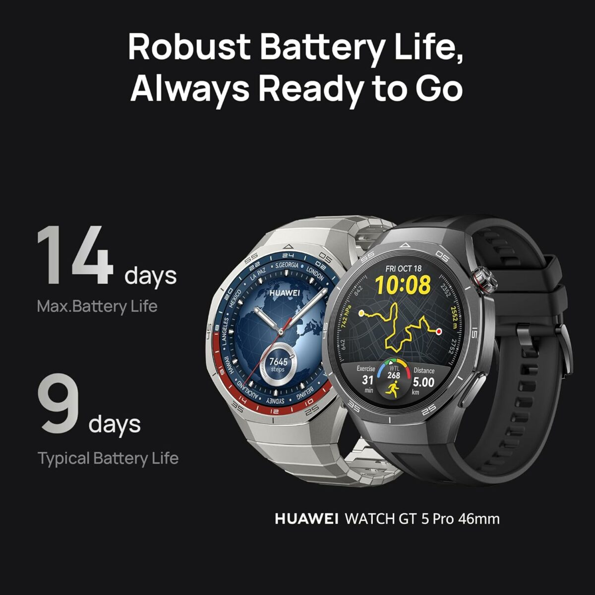 HUAWEI WATCH GT5 Pro 46 mm Smartwatch, Sharp-Edged Design, upto 14 Days Battery Life, Pro-level Sports Watch, Health Tracking, iOS & Android Compatible, HUAWEI Care+, 3 Month Extra warranty, Black