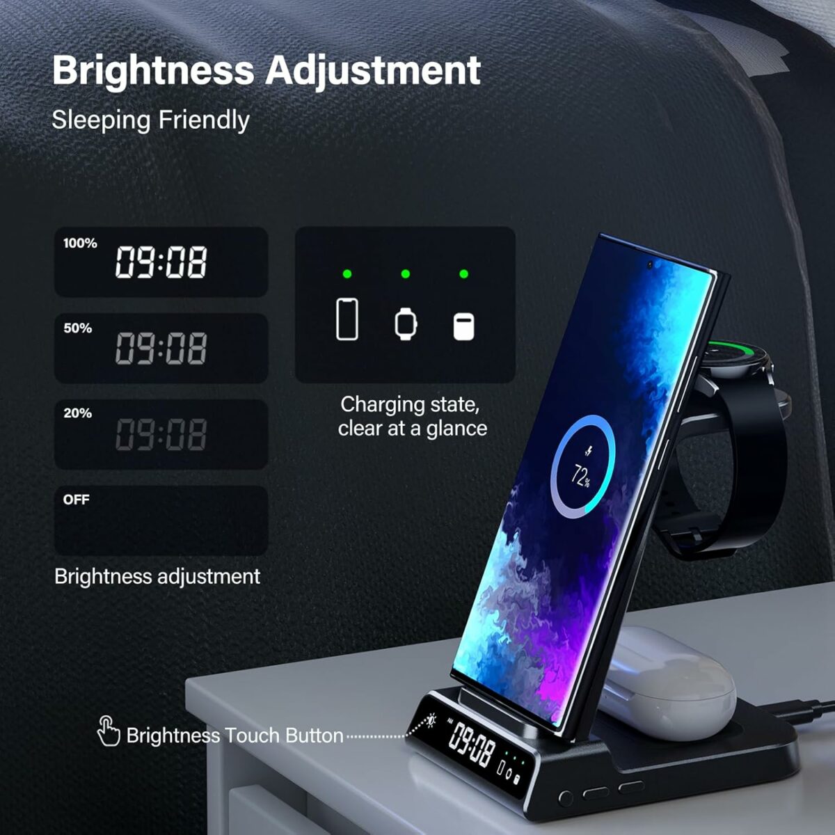 Wireless Charger for Samsung, 3 in 1 Wireless Charging Station with Clock for Samsung Galaxy S22/S21/Z Flip/4 Fold 4, Samsung Watch Charger for Galaxy Watch 5 Pro/5 4/3/Active 2/1, Galaxy Buds 2 Pro