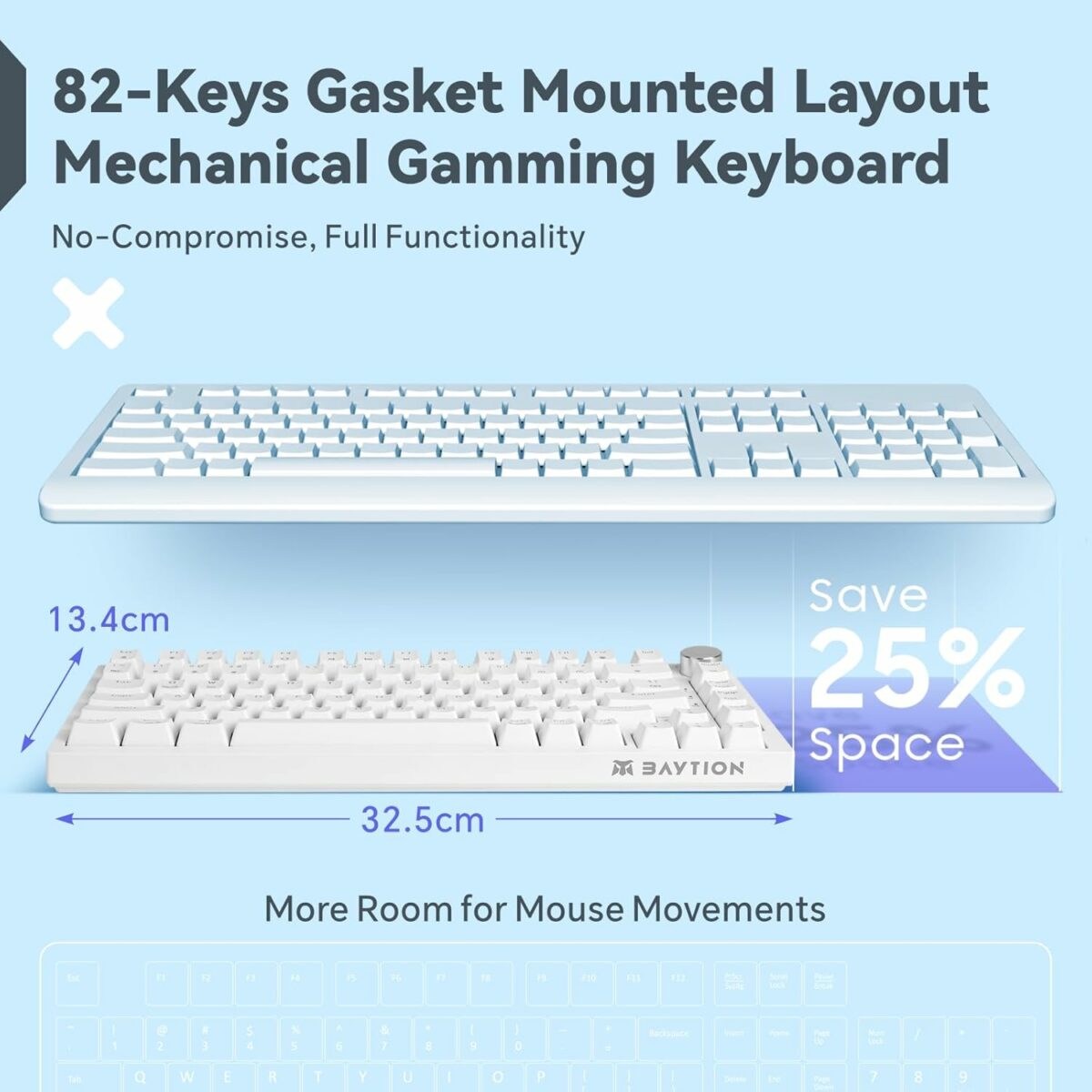 Baytion Mechanical Gaming Keyboard, 82 Keys 75% Compact Gaming Keyboard with Rainbow LED Backlit Wired Anti-Ghosting Mechanical Keyboard with Knob for Windows and Mac, White(Red Switches）