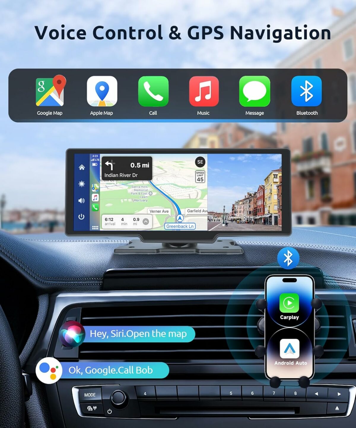 podofo Portable Wireless Apple Carplay Car Stereo, 9.3 HD IPS Touchscreen Car Radio Support Bluetooth/Maps Navigation/Wireless Android Auto/AUX/TF,Built in Front View Camera,Loop Recording