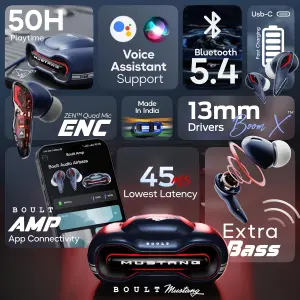 Boult x Mustang Torq Newly Launched Truly Wireless in Ear Earbuds with 50H Playtime, App Support, Quad Mic ENC, 45ms Low Latency, Breathing LEDs, 13mm Drivers, ear buds TWS Bluetooth 5.4