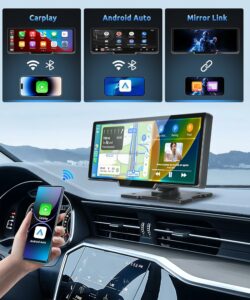 podofo Portable Wireless Apple Carplay Car Stereo, 9.3 HD IPS Touchscreen Car Radio Support Bluetooth/Maps Navigation/Wireless Android Auto/AUX/TF,Built in Front View Camera,Loop Recording