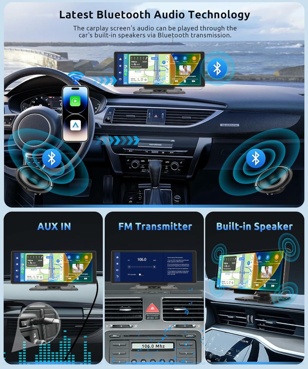 podofo Portable Wireless Apple Carplay Car Stereo, 9.3 HD IPS Touchscreen Car Radio Support Bluetooth/Maps Navigation/Wireless Android Auto/AUX/TF,Built in Front View Camera,Loop Recording