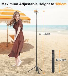 TONEOF 180cm Automatic Tripod Selfie Stick, 360° Roatation Phone Tripod Stand with Magnetic Remote, Cell Phone Tripod for Travel,Tall Smartphone Tripod Compatible with iPhone(Black)