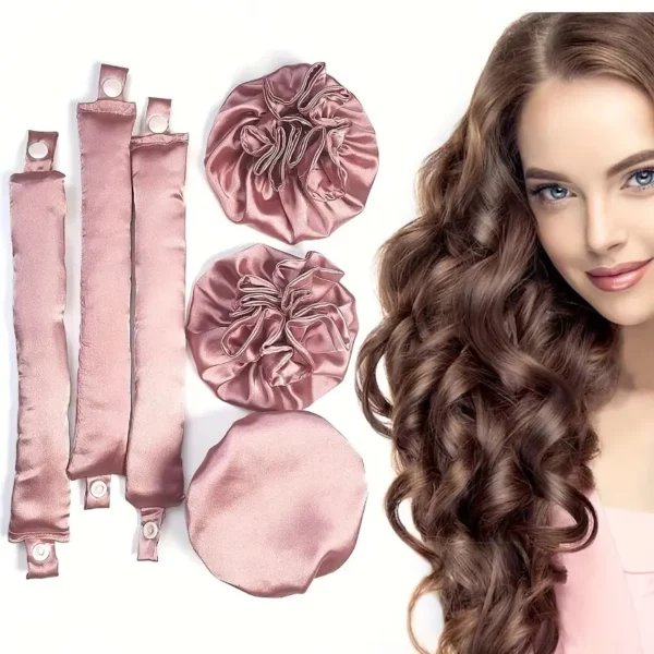 Dusty Pink 2pcs Satin Heatless Hair Curler Set - Soft Pillow Rollers with Caps, No-Heat Overnight Headband for All Hair Types