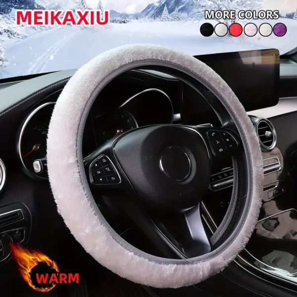 MEIKAXIU Winter Short Plush Comfort Car Steering Wheel Cover, 15-inch Universal D-Shaped, Warm Hands, Black/Red/Purple/Grey/Beige/Pink, Polyester Material, No Inner Ring, for Car Interior Accessories