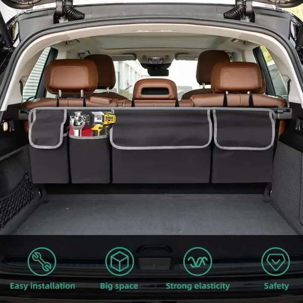 1pc Multi-Functional Oxford Cloth Car Back Seat Trunk Organizer, Foldable Cargo Storage with 6 Large Pockets, 3 Adjustable Straps, Easy Installation, Strong Elasticity, Safety Design for Automotive Use