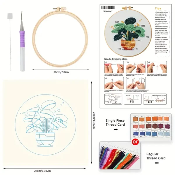 مجموعة بداية التطريز مع نمط نبات أخضر - مجموعة إبرة اللكم بطول 20.07 سم مع قماش وحلقة وخيط وإبر وتعليمات - هدية حرفية للمبتدئين، صناعة يدوية لتزيين المنزل أو المكتب - 1 قطعة