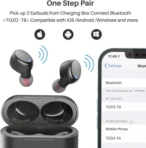 TOZO T6 True Wireless Earbuds Bluetooth 5.3 Headphones Touch Control with Wireless Charging Case IPX8 Waterproof Stereo Earphones in-Ear Built-in Mic Headset Premium Deep Bass Black 4 TOZO T6 True Wireless Earbuds Bluetooth 5.3 Headphones Touch Control with Wireless Charging Case IPX8 Waterproof Stereo Earphones in-Ear Built-in Mic Headset Premium Deep Bass Black