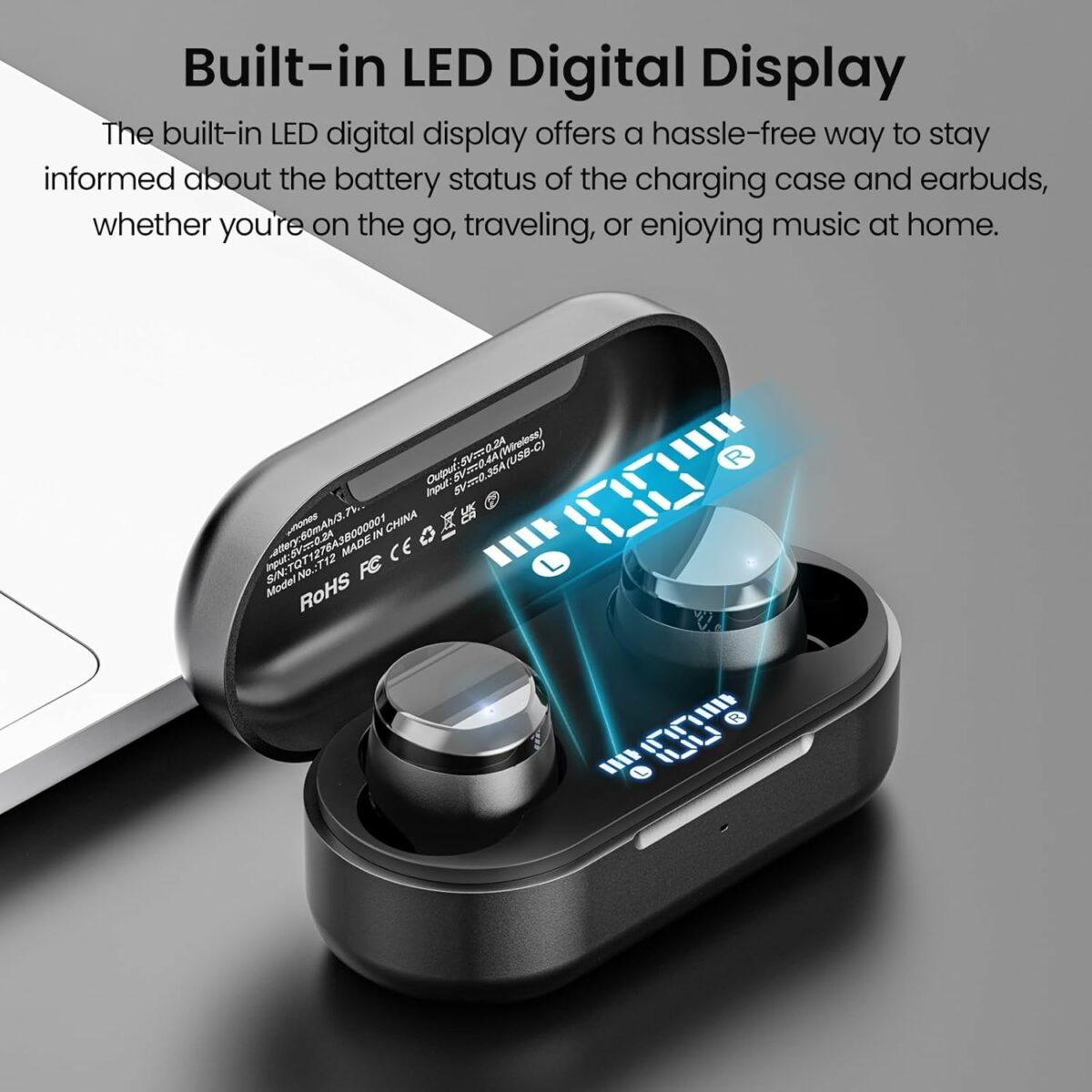 TOZO T12 Wireless Earbuds Bluetooth 5.3 Headphones Built-in ENC Noise Cancelling Mic, 55 Hrs Playtime App Customize EQ IPX8 Waterproof LED Digital Display Premium Sound Headset Black