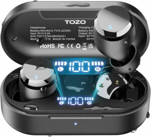 TOZO T12 Wireless Earbuds Bluetooth 5.3 Headphones Built-in ENC Noise Cancelling Mic, 55 Hrs Playtime App Customize EQ IPX8 Waterproof LED Digital Display Premium Sound Headset Black