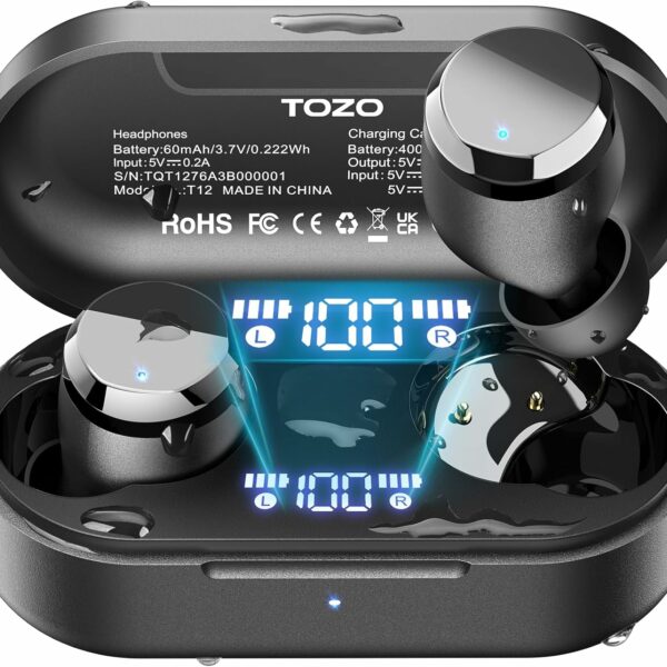 TOZO T12 Wireless Earbuds Bluetooth 5.3 Headphones Built-in ENC Noise Cancelling Mic, 55 Hrs Playtime App Customize EQ IPX8 Waterproof LED Digital Display Premium Sound Headset Black