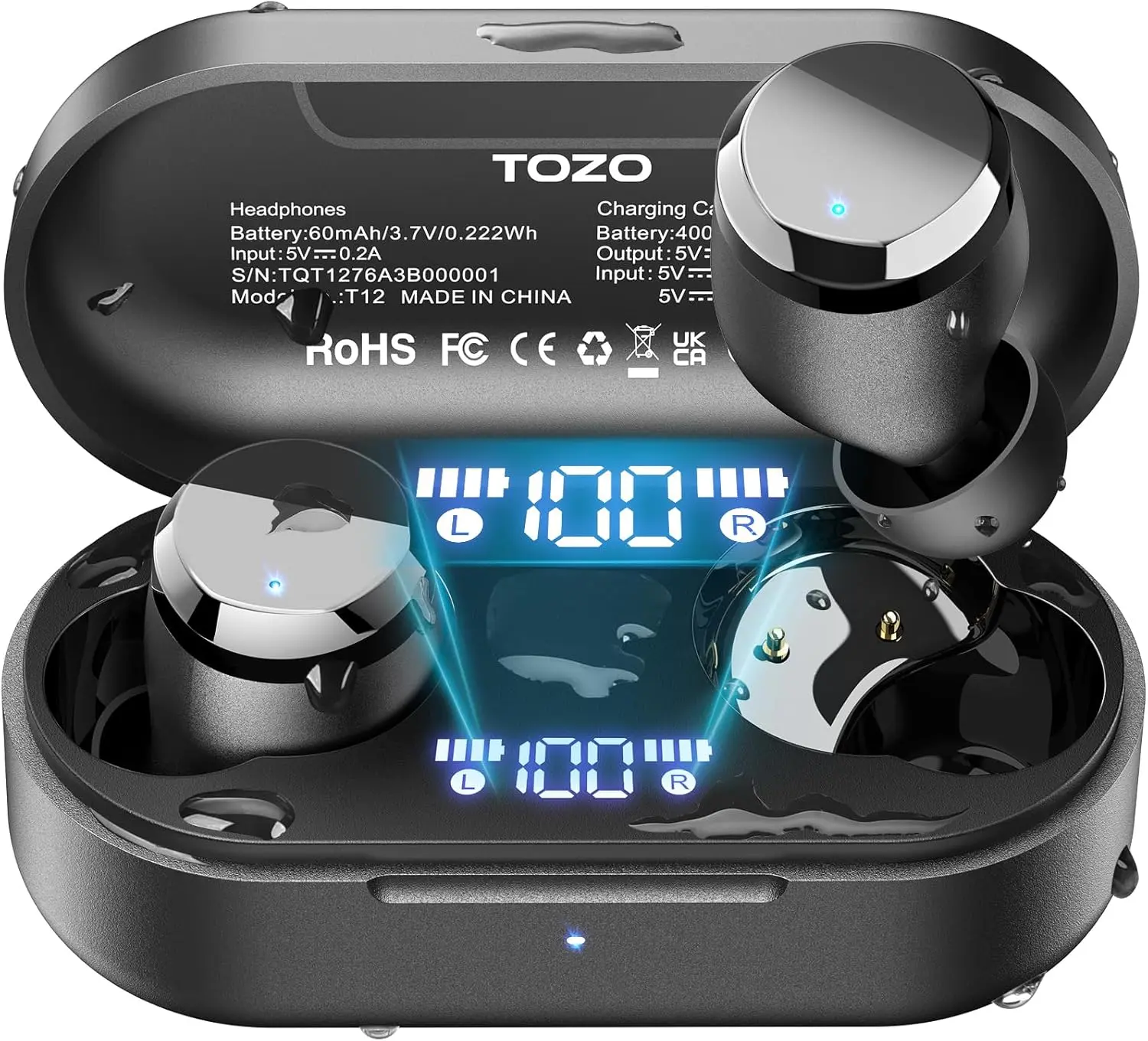 TOZO T12 Wireless Earbuds Bluetooth 5.3 Headphones Built-in ENC Noise Cancelling Mic, 55 Hrs Playtime App Customize EQ IPX8 Waterproof LED Digital Display Premium Sound Headset Black TOZO T12 Wireless Earbuds Bluetooth 5.3 Headphones Built-in ENC Noise Cancelling Mic, 55 Hrs Playtime App Customize EQ IPX8 Waterproof LED Digital Display Premium Sound Headset Black