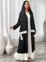 SHEIN Najma Women Contrast Color Lace Trim Long Sleeve Arabian Abaya, Front Open Abaya For Women With Hijab Scarf Modest Elegant Style For Casual Daily/Work/Holiday/Evening Parties/Wedding Guest