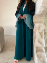 1pc Fashion Women Long Dress, Elegant Ombre Color Pleated Flared Sleeve Open Front Maxi Abaya