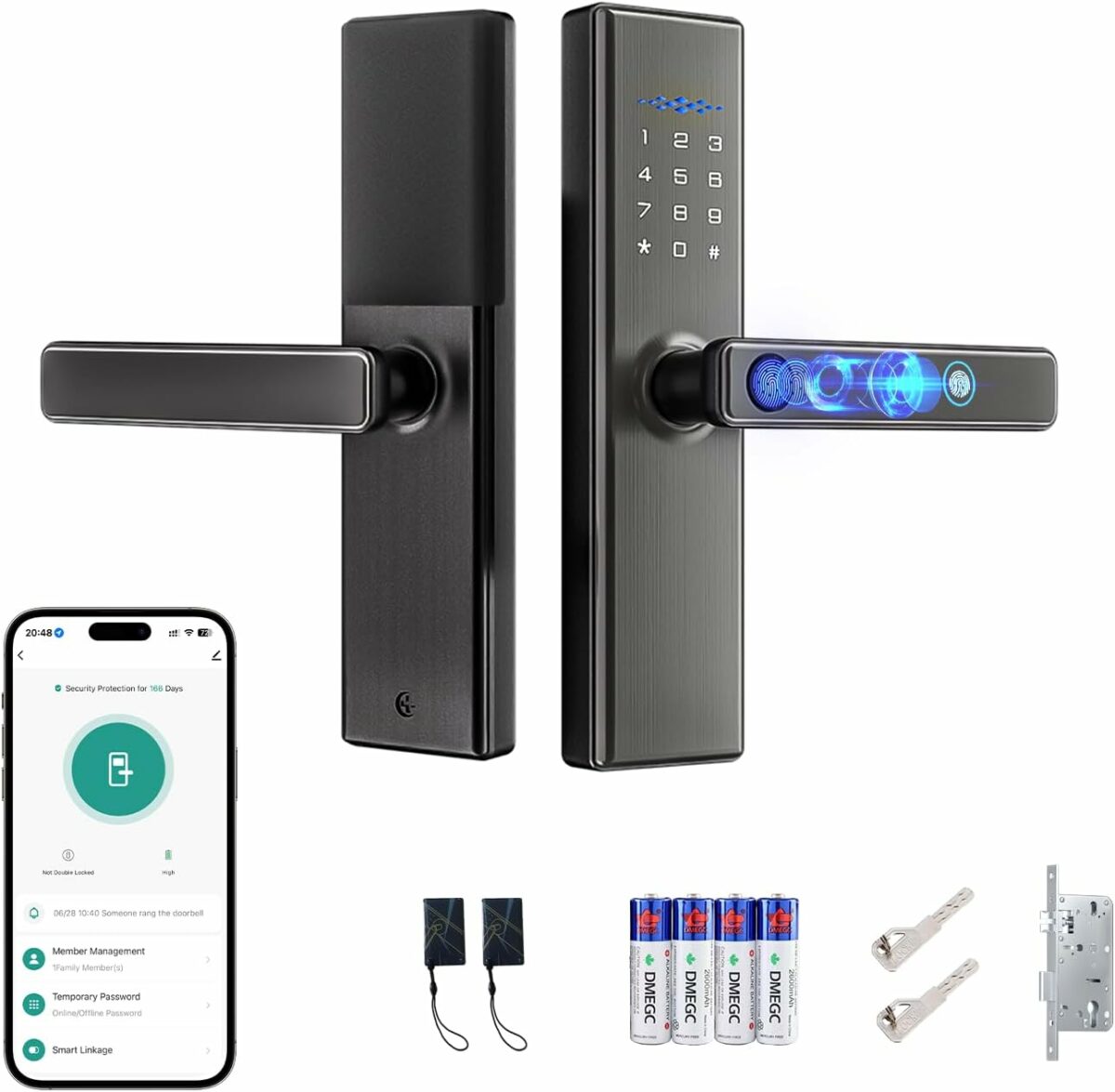 Lengenda Smart Lock: Keyless entry smart door lock with fingerprint sensor, keypad, and TUYA app remote control. Features include durable grey finish, multiple access methods