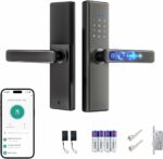 Lengenda Smart Lock: Keyless entry smart door lock with fingerprint sensor, keypad, and TUYA app remote control. Features include durable grey finish, multiple access methods