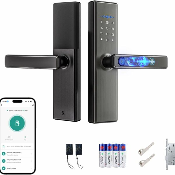 Lengenda Smart Lock: Keyless entry smart door lock with fingerprint sensor, keypad, and TUYA app remote control. Features include durable grey finish, multiple access methods