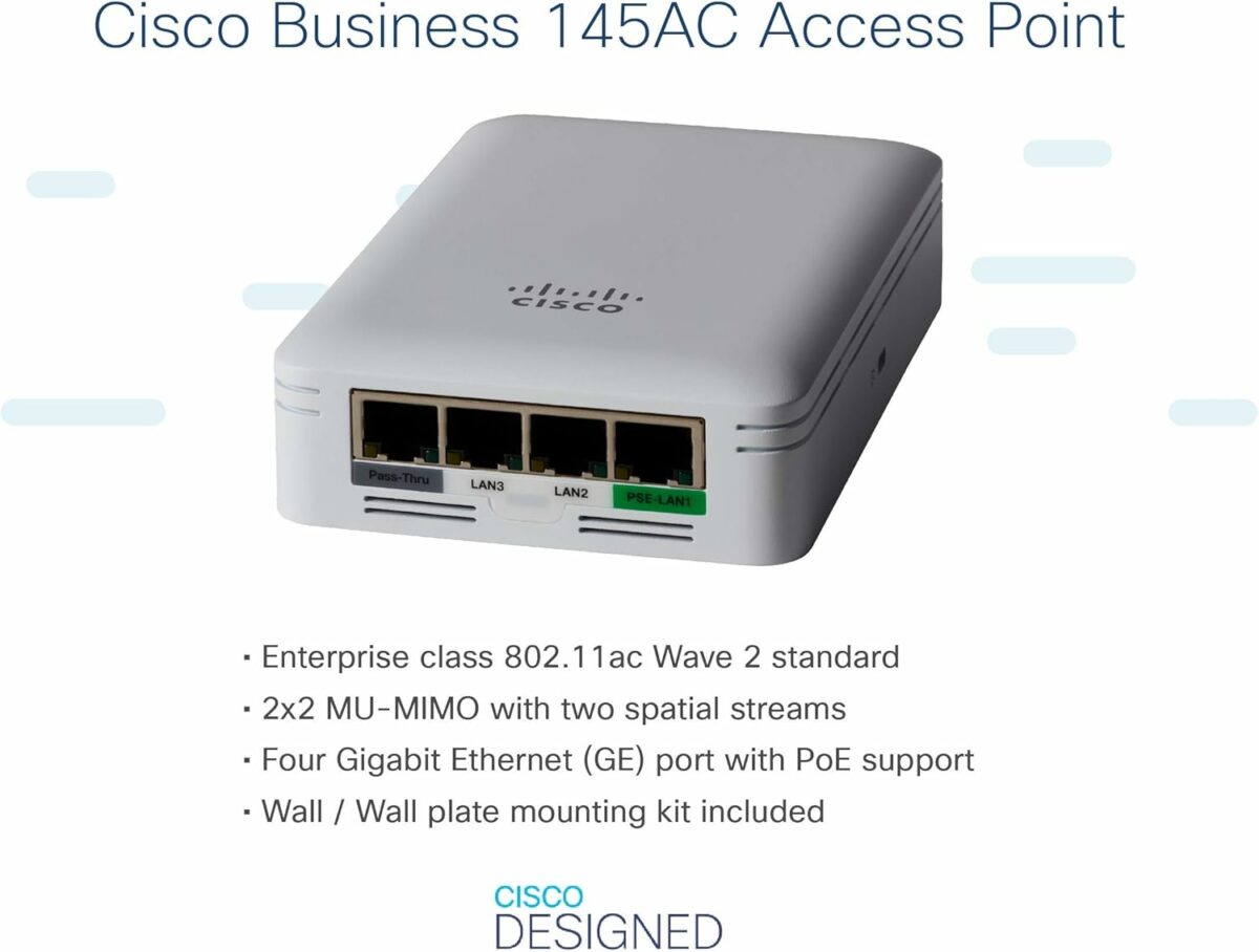 نقطة الوصول اللاسلكية Cisco CBW145AC-I 802.11ac 2×2 Wave 2 Wall Plate توفر نقطة الوصول Cisco CBW145AC-I أداءً قويًا ومرونة عالية للشبكات اللاسلكية في المؤسسات الصغيرة والمتوسطة، مما يجعلها مثالية للمكاتب، الفنادق، الفصول الدراسية، والمنازل الذكية.