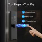 Lengenda Smart Lock: Keyless entry smart door lock with fingerprint sensor, keypad, and TUYA app remote control. Features include durable grey finish, multiple access methods