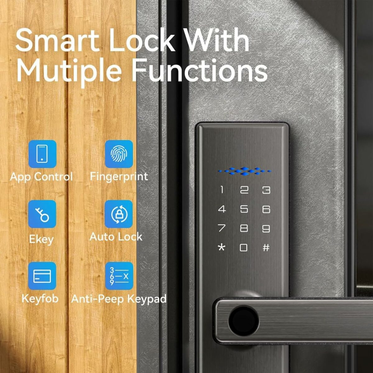 Lengenda Smart Lock: Keyless entry smart door lock with fingerprint sensor, keypad, and TUYA app remote control. Features include durable grey finish, multiple access methods