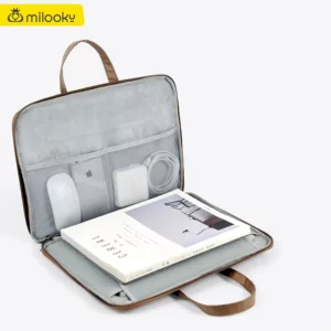 MILOOCUL Embroidered Floral Laptop Bag, Grey Faux Leather with Lining, Elegant Floral Design, Portable Computer Sleeve for Work and Travel