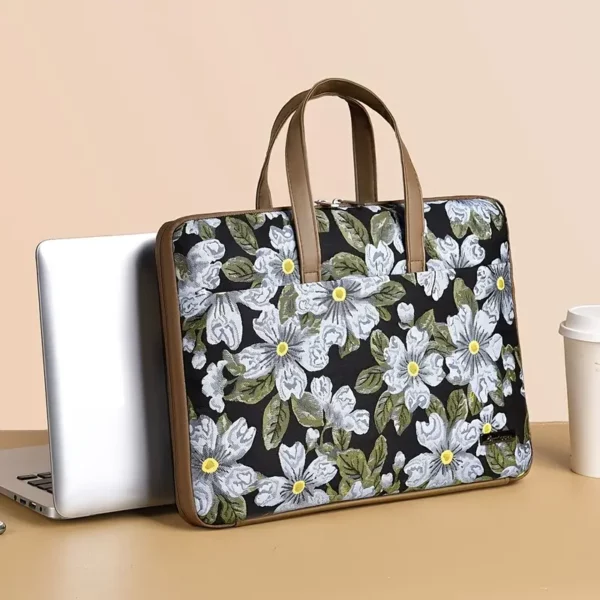 MILOOCUL Embroidered Floral Laptop Bag, Grey Faux Leather with Lining, Elegant Floral Design, Portable Computer Sleeve for Work and Travel