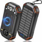 WASTDE Solar Power Bank 26800mAh with 3 Cables, Portable Charger 4 Outputs 3 Inputs 15W USB C Fast Charging, Wireless Power Bank Built-in Flashlight, Carabiner for Camping Outdoors (Orange)
