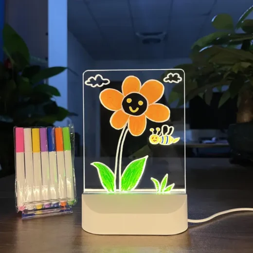 مصباح فنّي LED بكتابة مخصصة – لوحة مضيئة قابلة للمسح بتصميم زهرة ودودة، مصباح ديكور وإضاءة هادئة قابلة لإعادة الشحن
