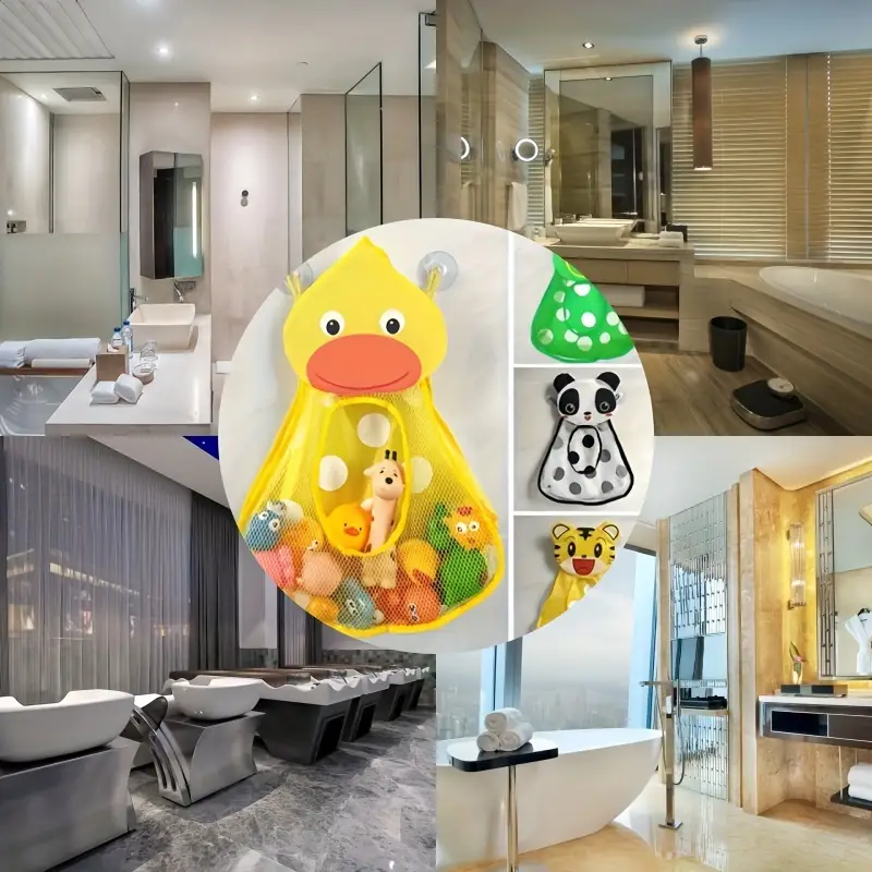 منظم ألعاب الاستحمام بثيم الحيوانات، حقيبة تخزين شبكية مقاومة للماء مع أكواب شفط، مثالي للعب في حوض الاستحمام منظم ألعاب الحمام للأطفال – تصميم حيوانات لطيف بحقيبة شبكية معلقة