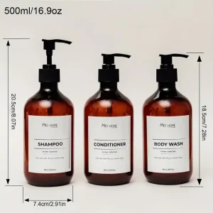 زجاجات الشامبو والبلسم والصابون مع مضخة سوداء وملصقات توضيحية، عبوة من 3 قطع بسعة 500 مل قابلة لإعادة التعبئة 1 81131dd9e59dc78ced4979ca7e3c1ef0