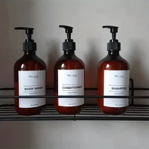 زجاجات الشامبو والبلسم والصابون مع مضخة سوداء وملصقات توضيحية، عبوة من 3 قطع بسعة 500 مل قابلة لإعادة التعبئة 4 81f0a0544a9d5a3eb58fd226fa04f9cd