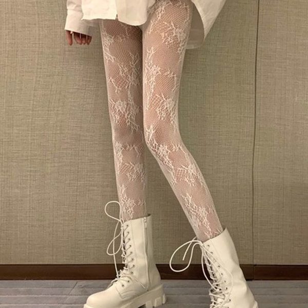 جوارب شبك نسائية أنيقة بنقشة زهور – مثالية لأزياء لوليتا