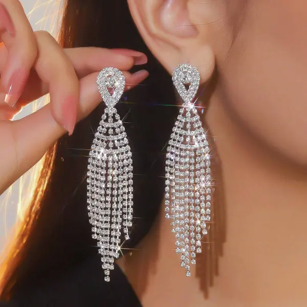 Silver Tassel Crystal Earrings | Sparkling Dangle Jewelry for Women – Wedding & Party Ready 2025