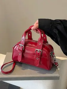 حقيبة بولينج نسائية نبيذي، جلد صناعي بتفاصيل بانك وحلقات معدنية، ستايل كاجوال عصري للاستخدام اليومي 7 17176526296ce4be933f65db2343030adfb1f69d49
