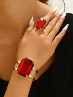 طقم مجوهرات نسائي فينتاج بكريستال زمردي، خاتم وسوار فاخر لمناسبات النساء - الصورة 3