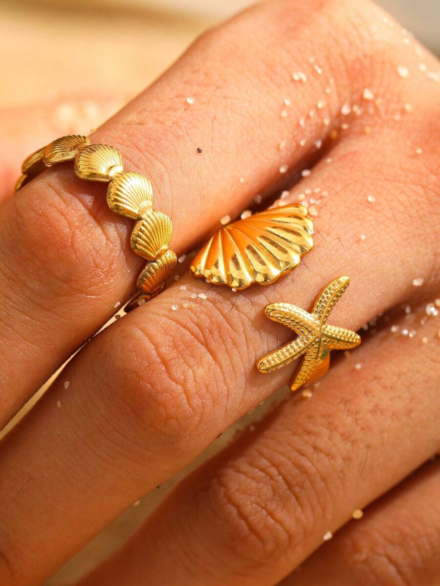طقم خواتم ستانلس ستيل – تصميم نجمة بحر وصدفة – بسيط وأنيق للنساء