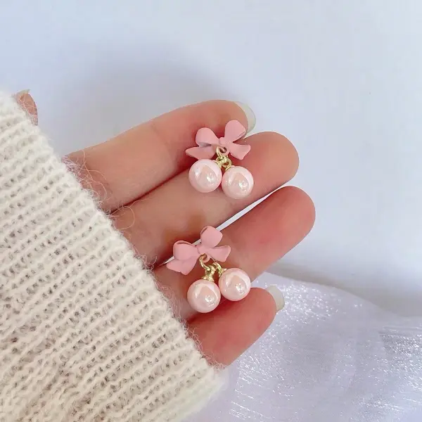 New Sweet Girl Spring Summer Little Fresh Pink Bow Pearl Beads Earrings Fairy Cute Silver Needle Earrings Girl